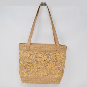Stuart Weitzman Raffia Flower Purse Tan Woven Neutral Spring Summer